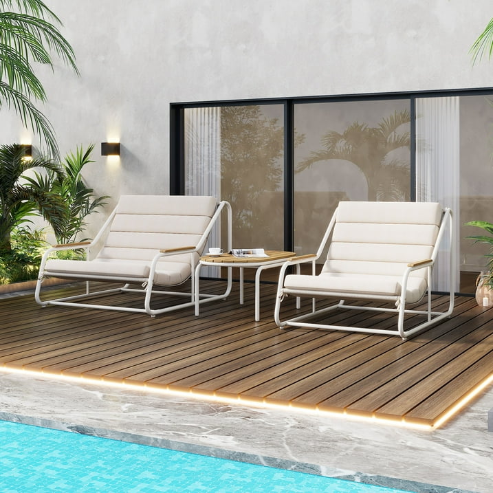 Outdoor Chaise Lounge Chairs Set of 3, Segmart Patio Chaise Lounge Chair with Acacia Side Table, Pool Lounge Chairs for Lawn, Deck, Beach, Max Weight 400 lbs, Beige & White