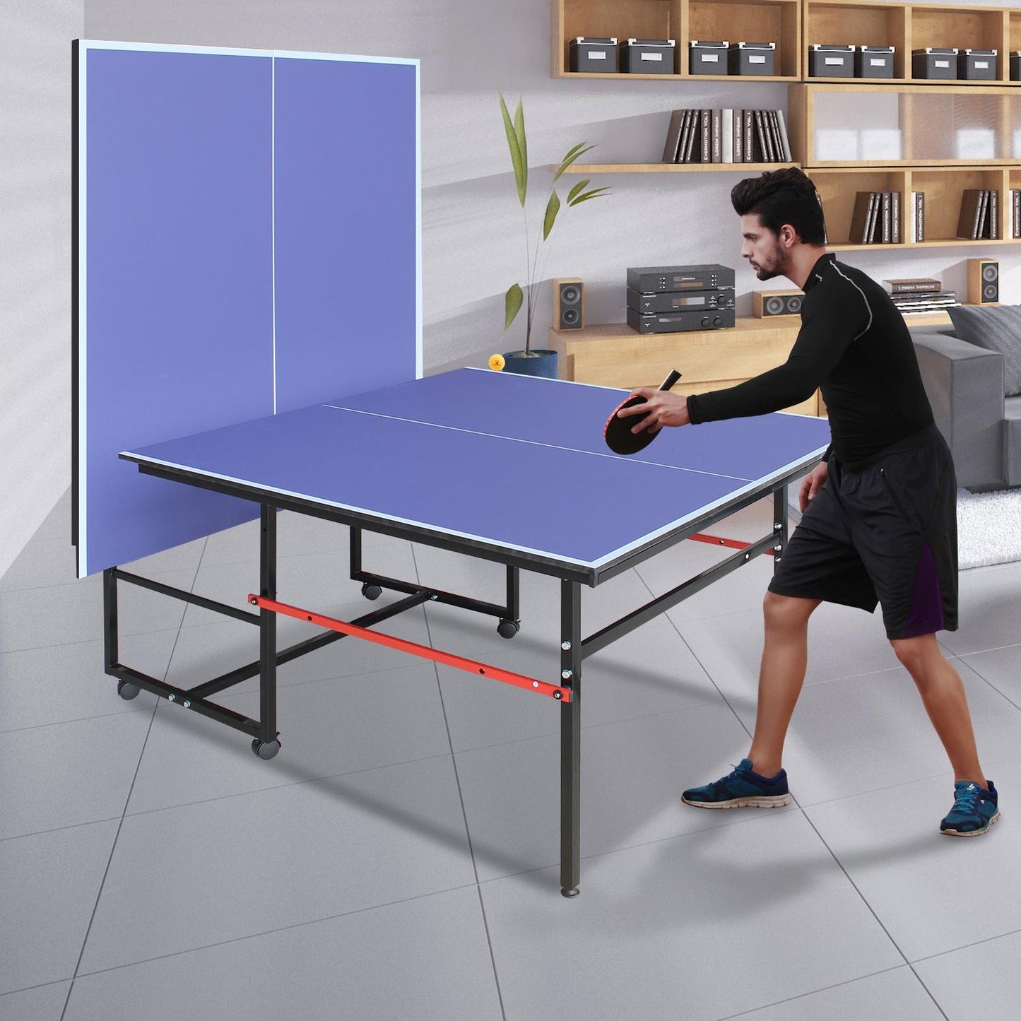 8ft Midsize Outdoor Ping Pong Table Set, SEGMART Foldable Tennis Table with Net, 2 Ping Pong Paddles, 3 Balls for Adults and Kids, Portable Table for Indoor Outdoor Game, Blue