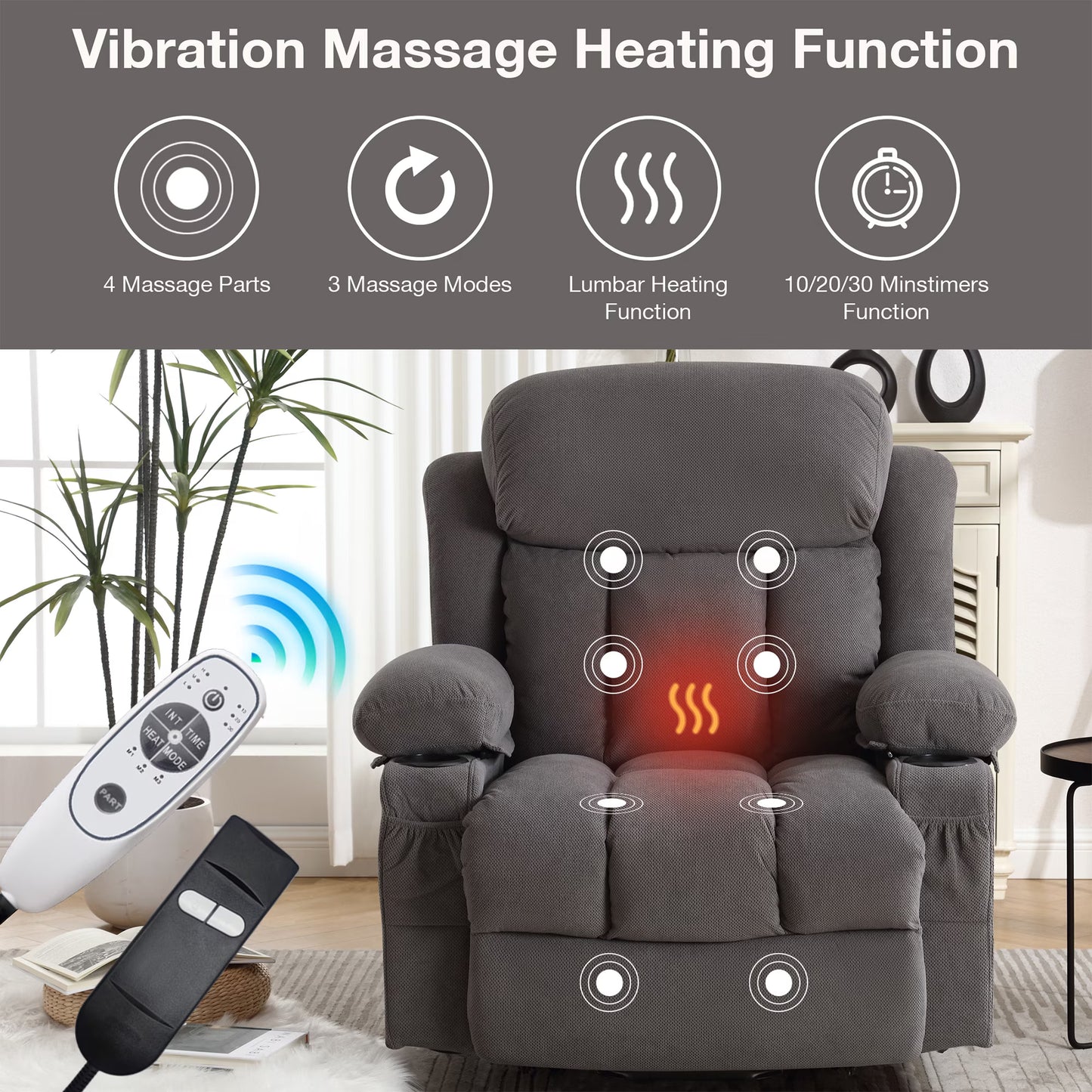 SEGMART Electric Power Lift Recliner Chair, Heavy Duty Classic Fabric Sofa Chair for Elderly, Ergonomic Lounge Single Sofa with Plush Extended Arms and Remote Control, 4 Positions, Grey