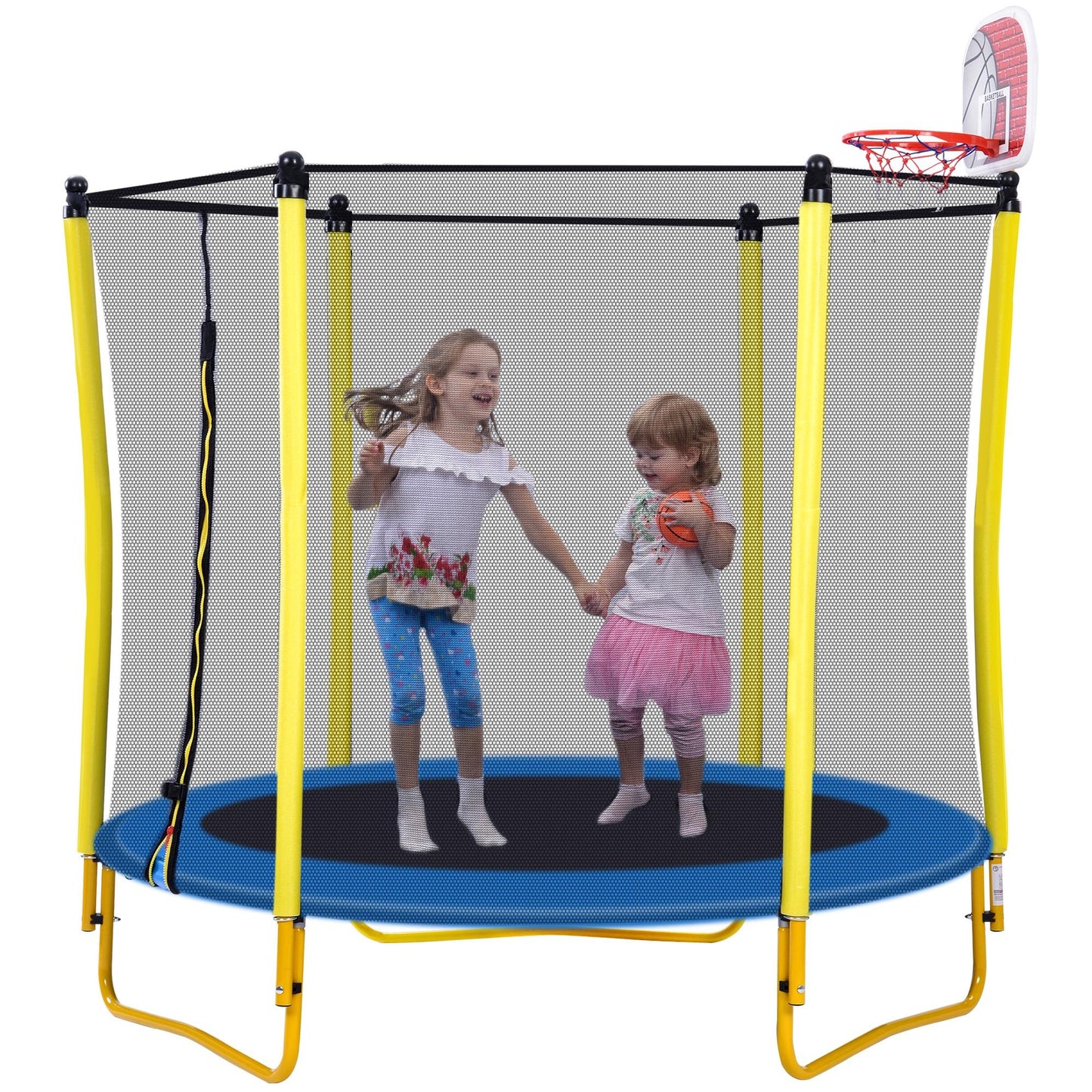 5.5FT Trampoline for Kids with Basketball Hoop and Ball, Upgrade SEGMART Toddler Trampoline with Safety Enclosure Net, Round Recreational Trampoline with Jumping Mat for Indoor Outdoor Backyard