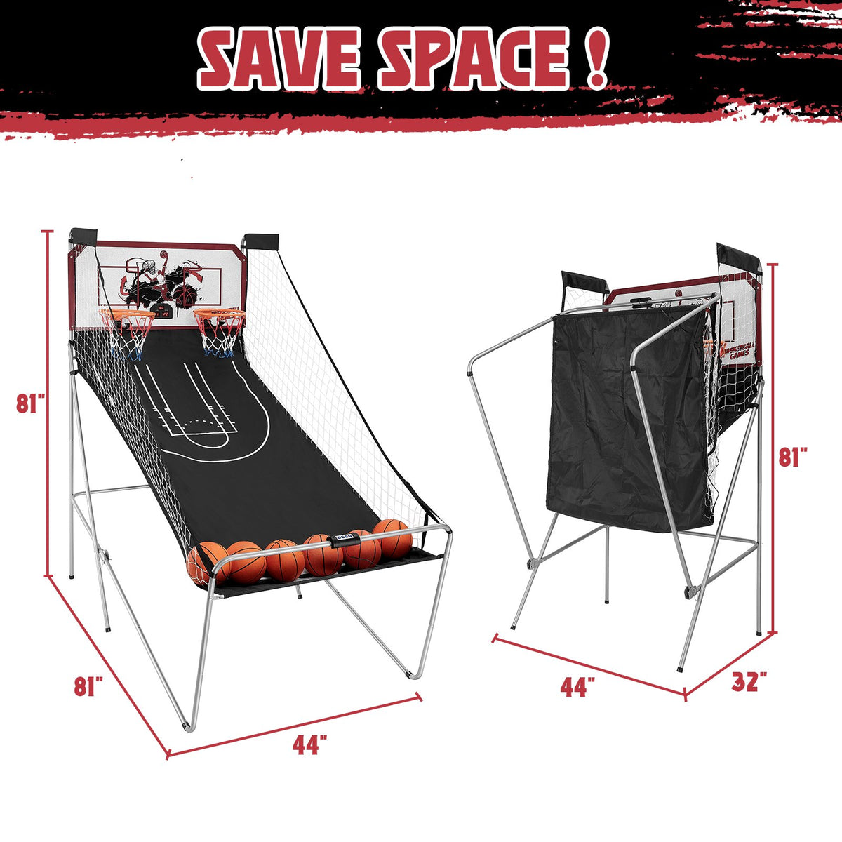 Foldable Basketball Arcade Game, 81" Electronic Dual Shot Basketball Games, Indoor Outdoor Basketball Game Machine with 8 Game Options, 6 Balls, LED Scorer, Steel Frame, Inflation Pump for Home