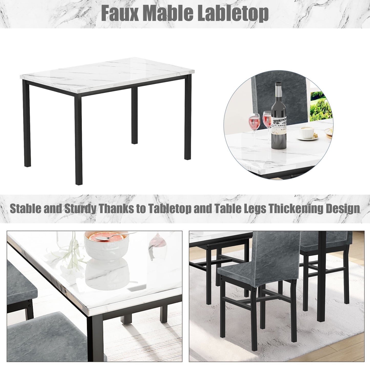 Kitchen Table and 4 Chairs Set, Metal Kitchen Table Sets Faux Marble Rectangular Breakfast Table w/Metal Legs & Black Finish Frame, Dining Table Sets for an Apartment Breakfast, Grey, SS1318