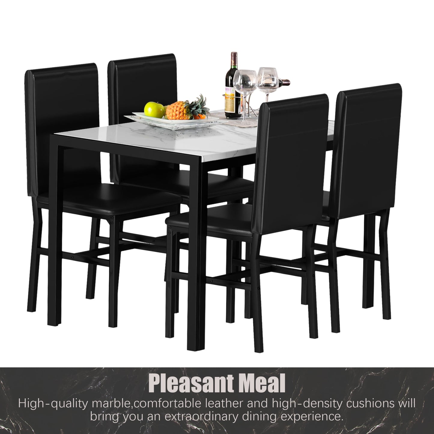 Kitchen Table and 4 Chairs Set, Metal Kitchen Table Sets Faux Marble Rectangular Breakfast Table w/Metal Legs & Black Finish Frame, Dining Table Sets for an Apartment Breakfast, SS1268