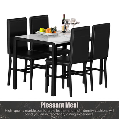 Kitchen Table and 4 Chairs Set, Metal Kitchen Table Sets Faux Marble Rectangular Breakfast Table w/Metal Legs & Black Finish Frame, Dining Table Sets for an Apartment Breakfast, SS1268