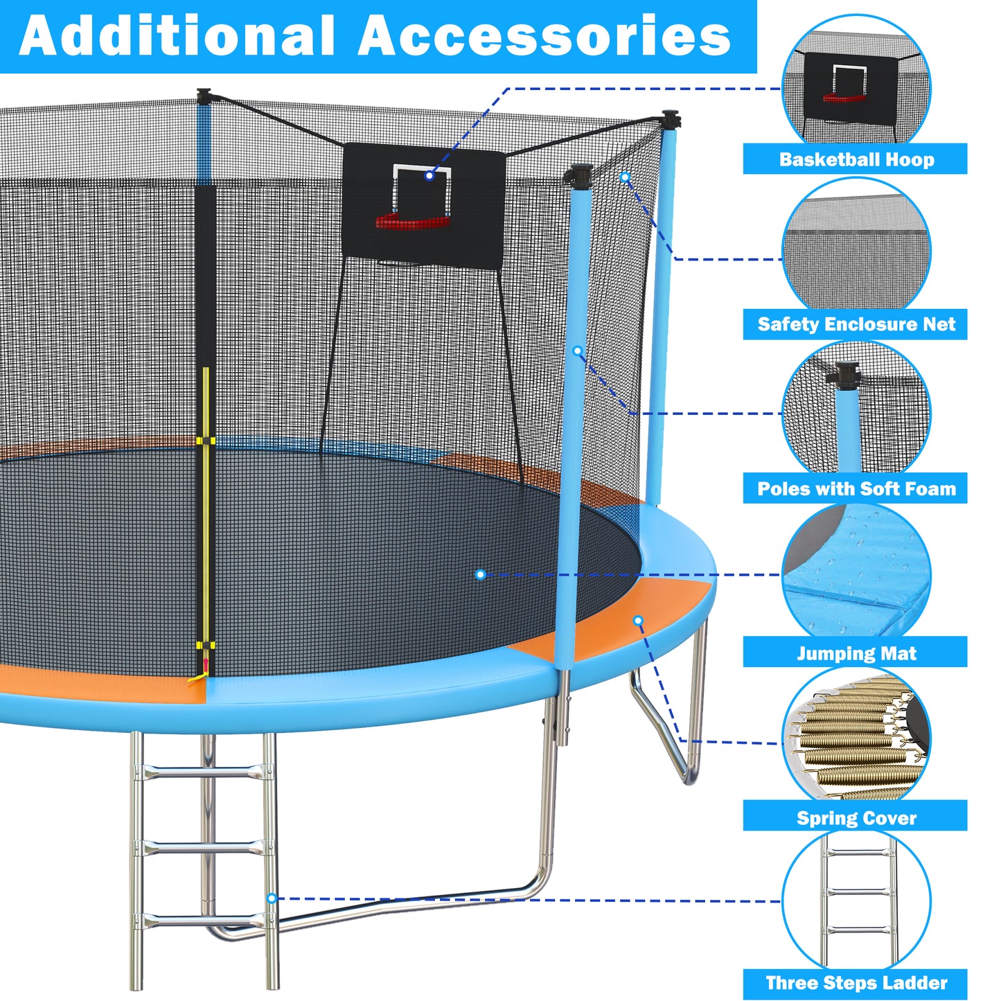 14FT Trampoline for Adults Kids, SEGMART Upgraded Round Recreational Trampoline with Basketball Hoop, Outdoor Heavy Duty Backyard Trampoline with Enclosure Net for Indoor Outdoor Backyard, Blue