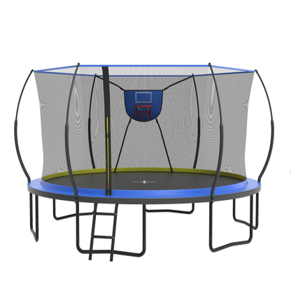 14FT Trampoline with Enclosure for Kids Adults, Outdoor Pumpkin Round Recreational Trampoline with No-gap Design, Heavy Duty Backyard Trampoline with Curved Fiberglass Poles for Indoor Outdoor