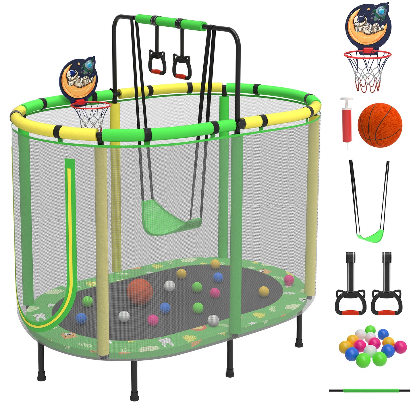 5FT Kids Trampoline with Basketball Hoop, SEGMART Upgraded Indoor Toddler Trampoline with Enclosure for Kids, Outdoor Oval Small Trampoline with Swing, Rings, Gift for Boys Girls