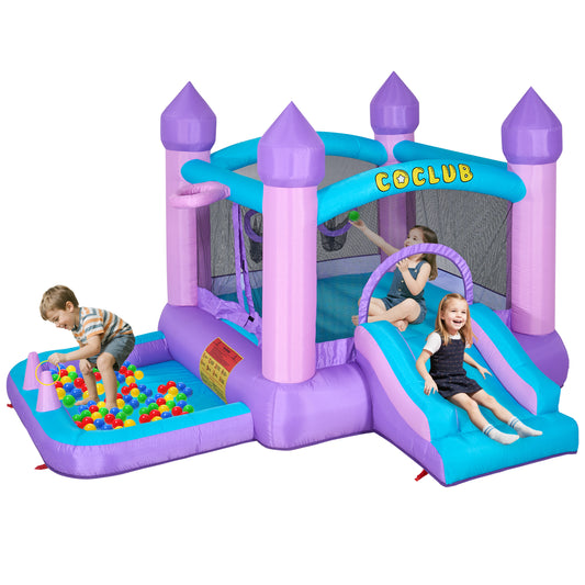 Inflatable Bounce House with Slide for Kids, 6 in 1 Inflatable Bouncer with Ball Holder, Basketball Rim, Ring Toss, Kids Jumper Bounce House with Ball Pool, Jumping Castle with Carrying Bag