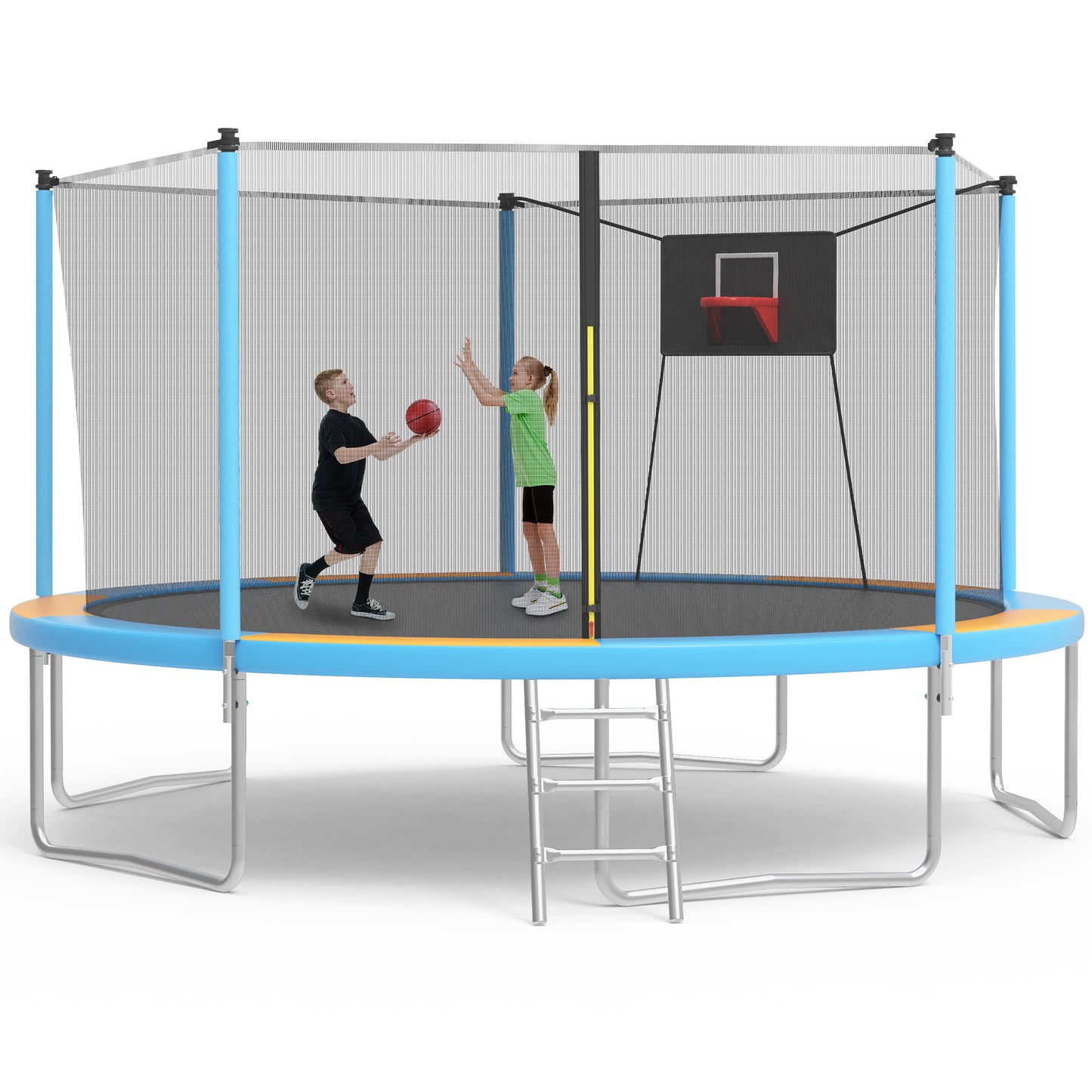 14ft Trampoline with Basketball Hoop, SEGMART Upgraded Round Kids Outdoor Trampoline with Enclosure, Heavy-Duty Backyard Trampoline for Adults and Kids, Blue