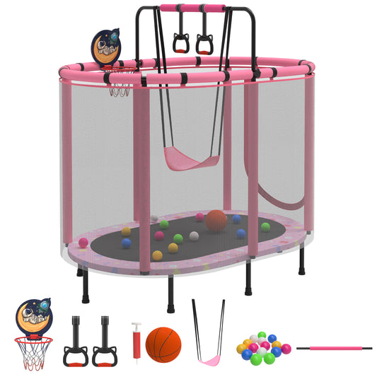 Mini Trampoline for Kids with Safety Enclosure Net, 60" Toddler Trampoline with No-Gap Safe Design, Segmart Recreational Trampolines for Birthday Gifts, Rebounder Trampoline with Ocean Balls, Pink