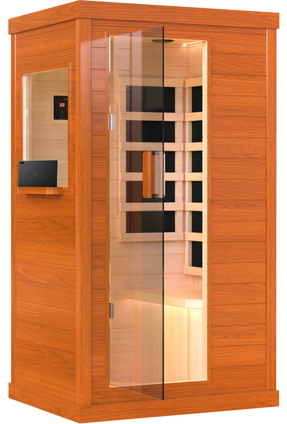 1 Person Infrared Sauna, Okoume Wood Far Infrared Saunas for Home, 9000watt Indoor Personal Sauna Room Box with Control Panel, Glass Door, Blue-Tooth