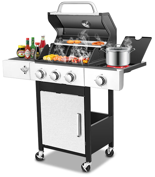 3-Burner Gas Grill with Side Burner, 37230 BTU Propane BBQ Grill with Porcelain-Enameled Cast Iron Grates, Build in Thermometer, Ideal for Patio Camping Outdoor Cooking