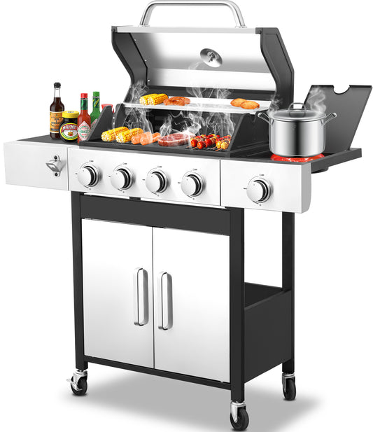 4-Burner Gas Grill and Griddle Combo with Side Burner, 46,790 BTU Propane BBQ Grill with Porcelain-Enameled Cast Iron Grates, Build in Thermometer, Ideal for Patio Camping Outdoor Cooking