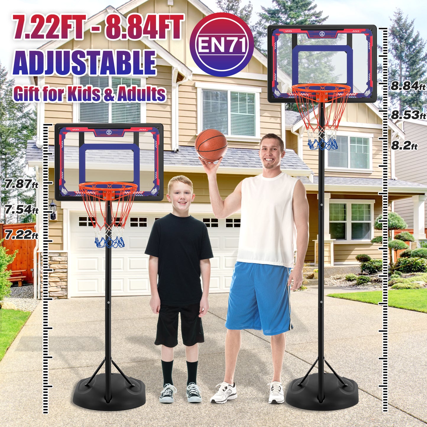 33" Portable Kids Basketball Hoop Stand, SEGMART New 7.22FT-8.84FT Height Adjustable Basketball Goal System with Large Backboard, Fillable Base, Wheels for Poolside Outdoor Indoor