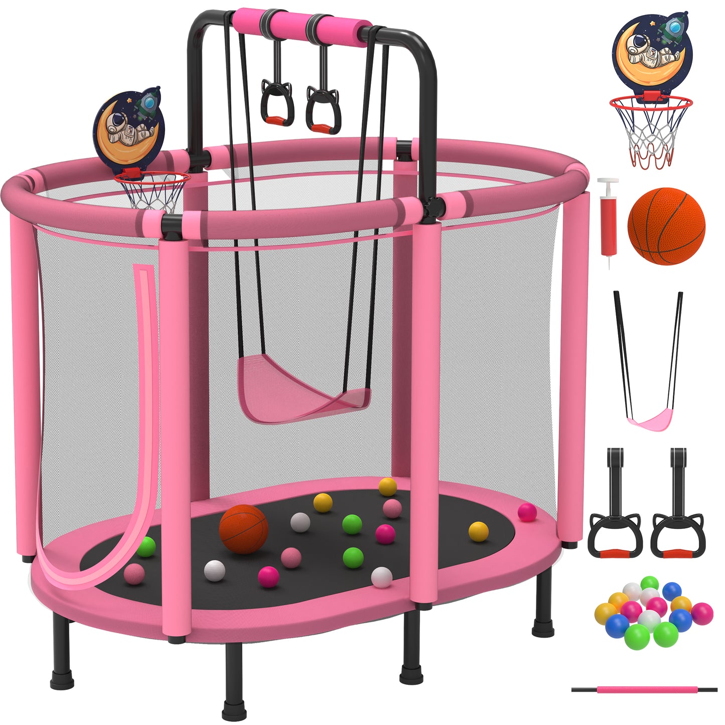 5FT Kids Trampoline with Basketball Hoop, SEGMART Upgraded Indoor Toddler Trampoline with Enclosure for Kids, Outdoor Oval Small Trampoline with Swing, Rings, Gift for Boys Girls