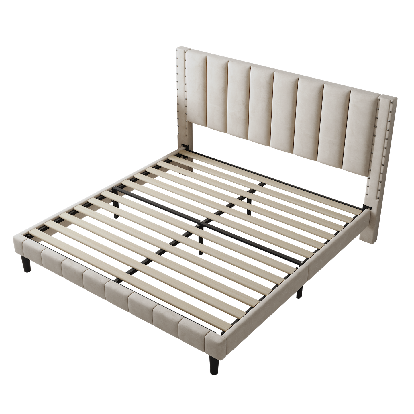 Segmart Queen Size Velvet Upholstered Bed Frame with Adjustable Rivets Headboard, Platform Bed with Wooden Slats Support, Fully Upholstered Mattress Foundation, No Box Spring Needed, Beige