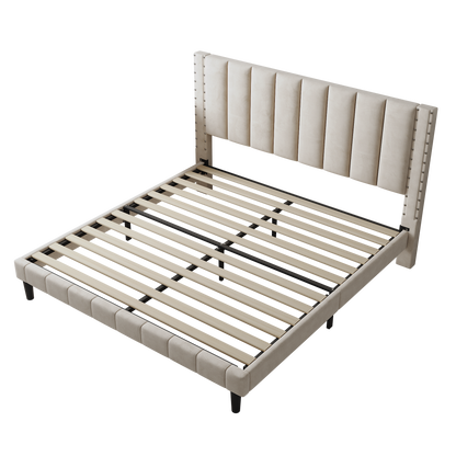 Segmart Queen Size Velvet Upholstered Bed Frame with Adjustable Rivets Headboard, Platform Bed with Wooden Slats Support, Fully Upholstered Mattress Foundation, No Box Spring Needed, Beige