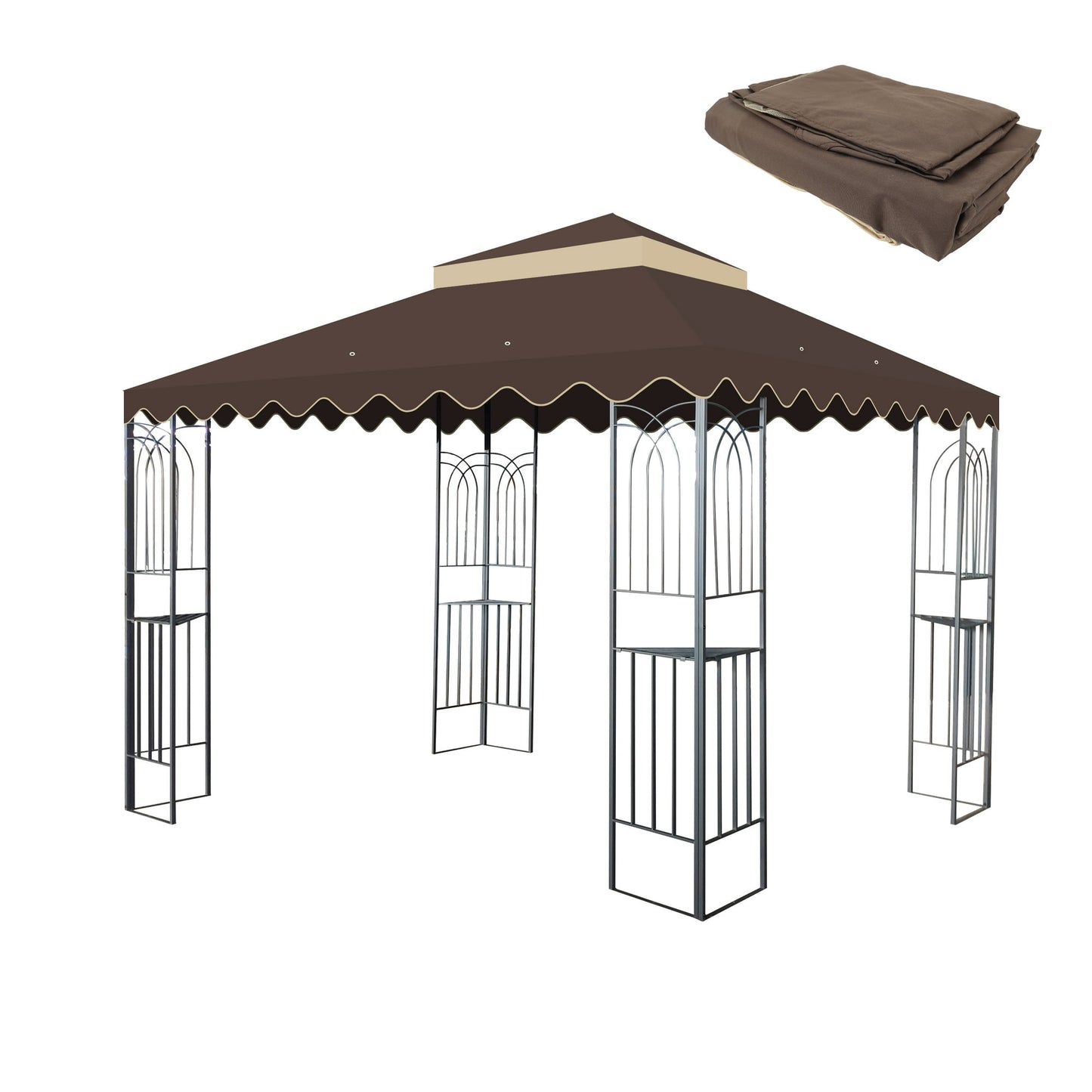 10x10 Ft Replacement Gazebo Canopy, Double Tiered Outdoor Patio Tent Roof Cover with Wavy Border, UV Protection & Water Repellent Polyester Fabric, Khaki (Frame Not Included)