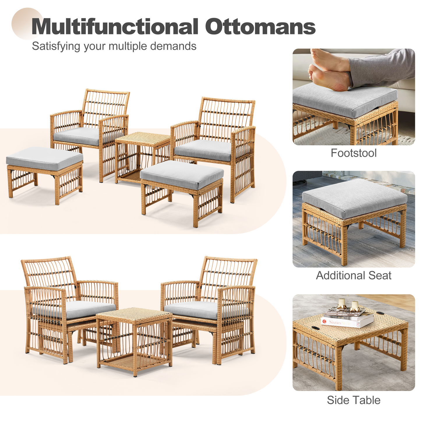 Patio Outdoor Furniture Chair Set, 5 PCS Wicker Sectional Sofa Set, Garden Conversation Set with 2 Cushioned Chairs, 2 Footstools & 2-Tier Tea Table, Lawn Pool Balcony Deck Yard Porch Chat Set