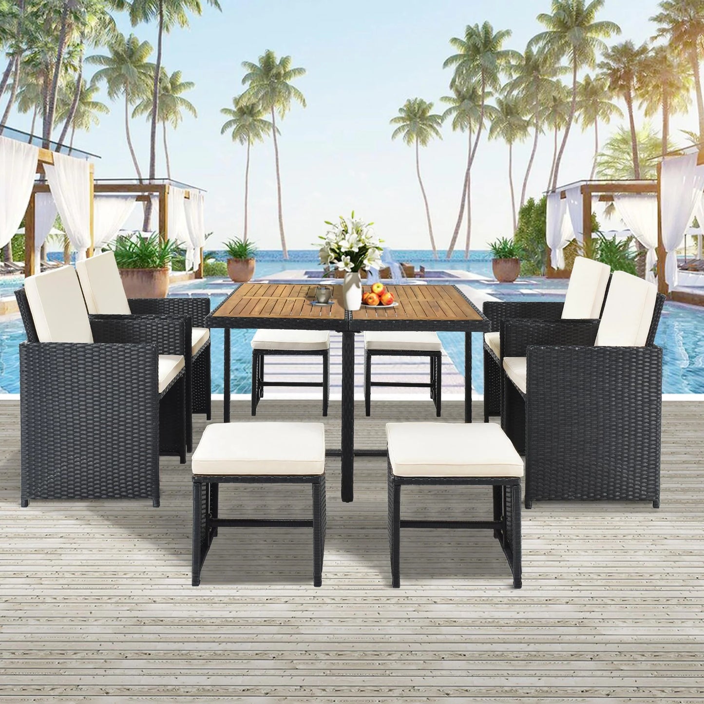 9 Piece Patio Dining Set, Outdoor Space Saving Rattan Chairs with Ottoman & Table, Outdoor Sectional Dining Table Set, PE Wicker Rattan Furniture Set for Patio Backyard Porch Garden Poolside