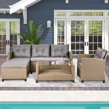 Rattan Patio Sofa Set, 4 Pieces Outdoor Sectional Furniture, All-Weather PE Rattan Wicker Patio Conversation, Cushioned Sofa Set with Glass Table for Patio Garden Poolside Deck