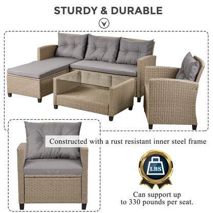 Rattan Patio Sofa Set, 4 Pieces Outdoor Sectional Furniture, All-Weather PE Rattan Wicker Patio Conversation, Cushioned Sofa Set with Glass Table for Patio Garden Poolside Deck