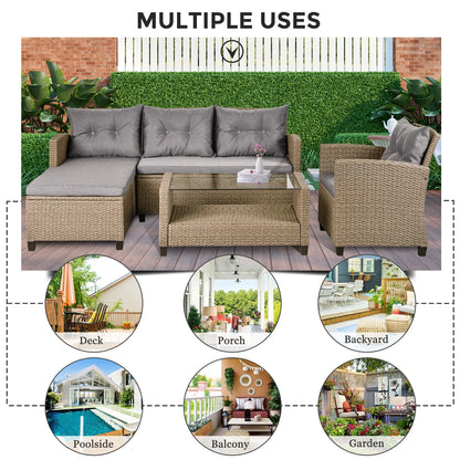 Rattan Patio Sofa Set, 4 Pieces Outdoor Sectional Furniture, All-Weather PE Rattan Wicker Patio Conversation, Cushioned Sofa Set with Glass Table for Patio Garden Poolside Deck