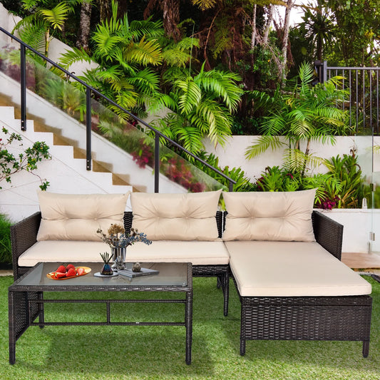 3 Pieces Patio Furniture Sectional Set, Outdoor Furniture Set with Two-Seater Sofa, Lounge Sofa, Table & Cushion, PE Rattan Wicker Bistro Set, Conversation Set for Garden, Backyard