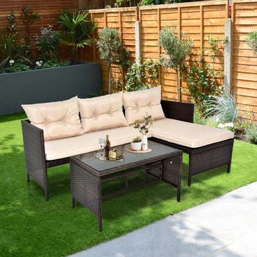3 Pieces Patio Furniture Sectional Set, Outdoor Furniture Set with Two-Seater Sofa, Lounge Sofa, Table & Cushion, PE Rattan Wicker Bistro Set, Conversation Set for Garden, Backyard