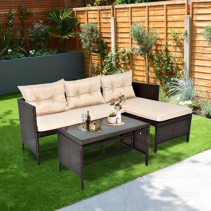 3 Pieces Patio Furniture Sectional Set, Outdoor Furniture Set with Two-Seater Sofa, Lounge Sofa, Table & Cushion, PE Rattan Wicker Bistro Set, Conversation Set for Garden, Backyard