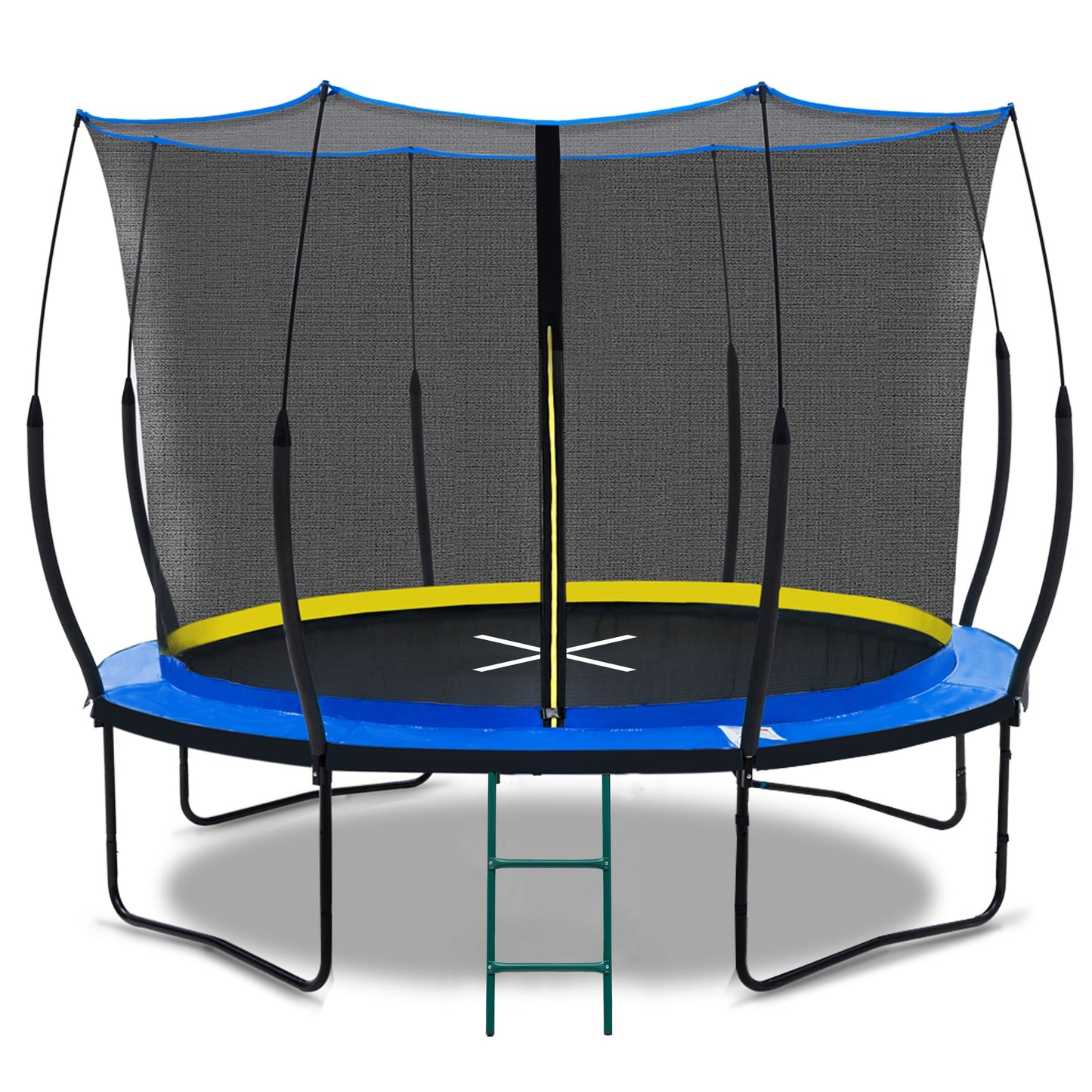 10FT Trampoline with Safety Enclosure for Kids Adults, Outdoor Pumpkin Round Recreational Trampoline with Patented Fiberglass Curved Poles, Heavy Duty Backyard Trampoline with Elastic Ropes, Blue