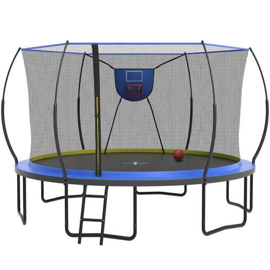14FT Trampoline with Enclosure for Kids Adults, Outdoor Pumpkin Round Recreational Trampoline with No-gap Design, Heavy Duty Backyard Trampoline with Curved Fiberglass Poles for Indoor Outdoor, Blue