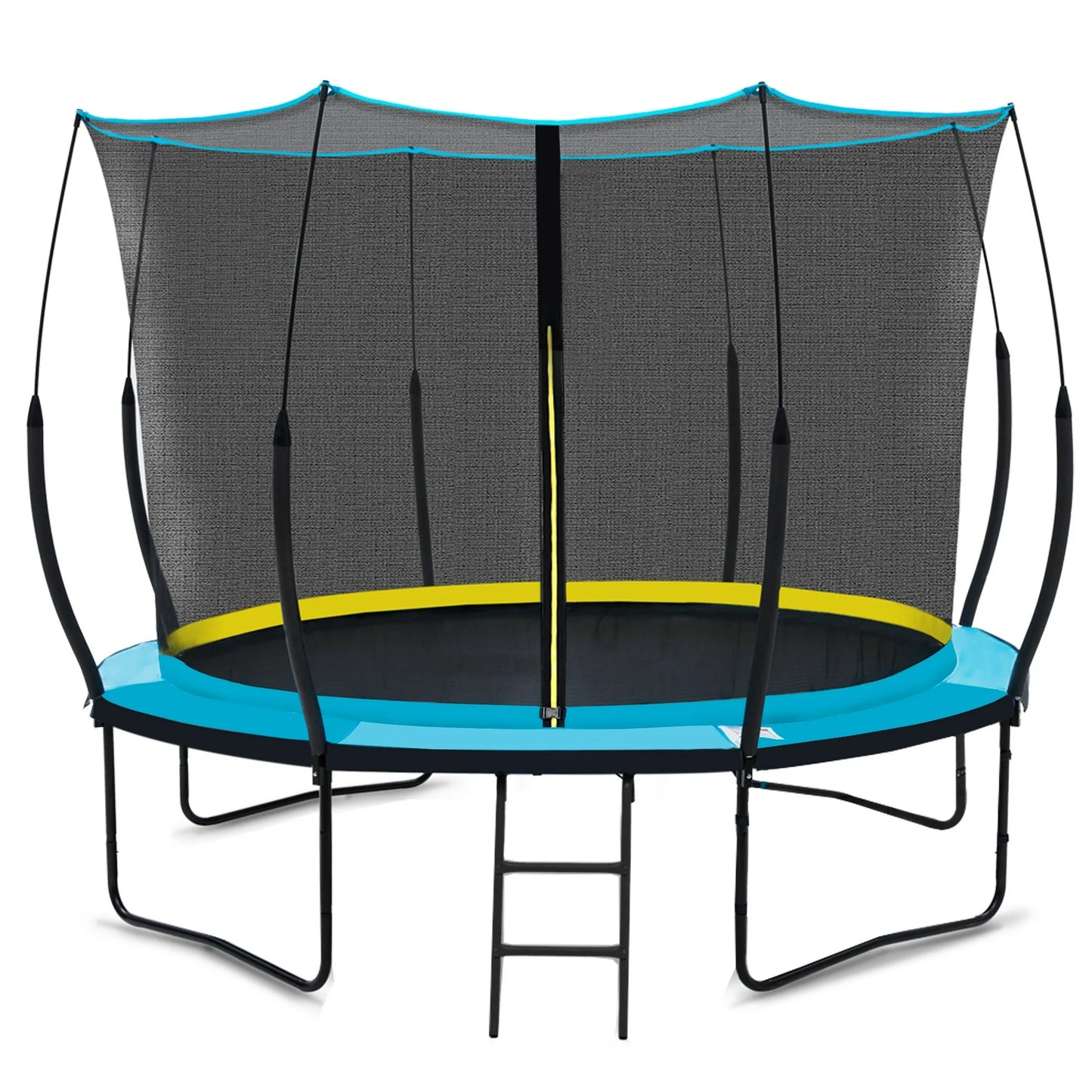 10FT Trampoline with Safety Enclosure for Kids Adults, Outdoor Pumpkin Round Recreational Trampoline with Patented Fiberglass Curved Poles, Heavy Duty Backyard Trampoline with Elastic Ropes, Blue