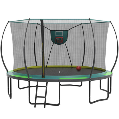 14FT Trampoline with Enclosure for Kids Adults, Outdoor Pumpkin Round Recreational Trampoline with No-gap Design, Heavy Duty Backyard Trampoline with Curved Fiberglass Poles for Indoor Outdoor