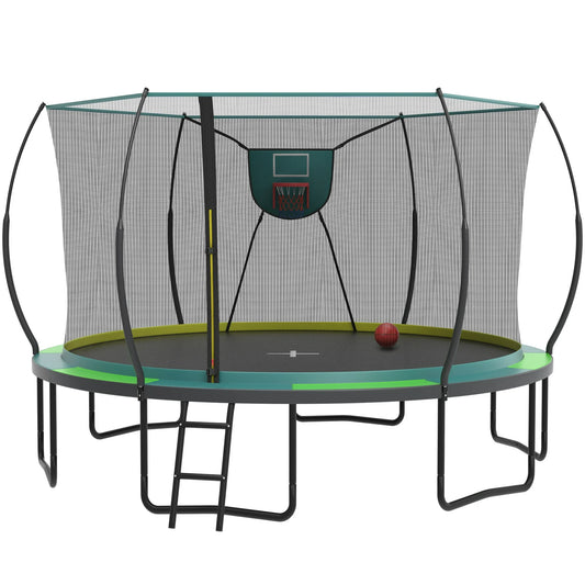 14FT Trampoline with Enclosure for Kids Adults, Outdoor Pumpkin Round Recreational Trampoline with No-gap Design, Heavy Duty Backyard Trampoline with Curved Fiberglass Poles for Indoor Outdoor