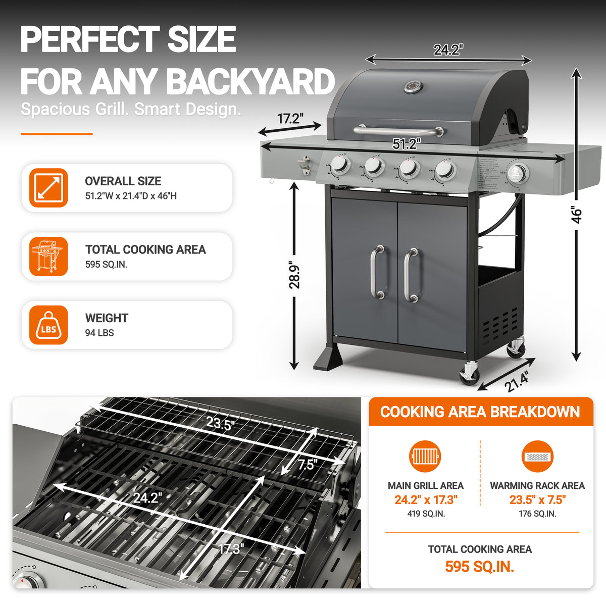 4-Burner Gas Grill with Side Burner, 51,000 BTU Propane BBQ Grill with Porcelain-Enameled Cast Iron Grates, Built-in Thermometer, Ideal for Patio Camping Outdoor Cooking