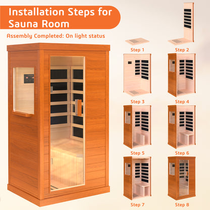 1 Person Infrared Sauna, Okoume Wood Far Infrared Saunas for Home, 9000watt Indoor Personal Sauna Room Box with Control Panel, Glass Door, Blue-Tooth