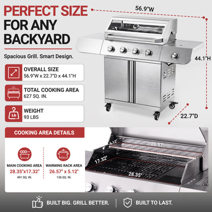 4-Burner Gas Grill and Griddle Combo with Side Burner, 50,000 BTU Propane BBQ Grill with Porcelain-Enameled Cast Iron Grates, Built-in Thermometer, Ideal for Patio Camping Outdoor Cooking
