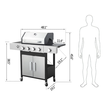 4-Burner Propane Gas Grill with Side Burner, Gas BBQ Grill with Thermometer, Bottle Opener, and Tool Hooks, 46,790 BTU Output, Combining a Grilling Grate With a Griddle Tray