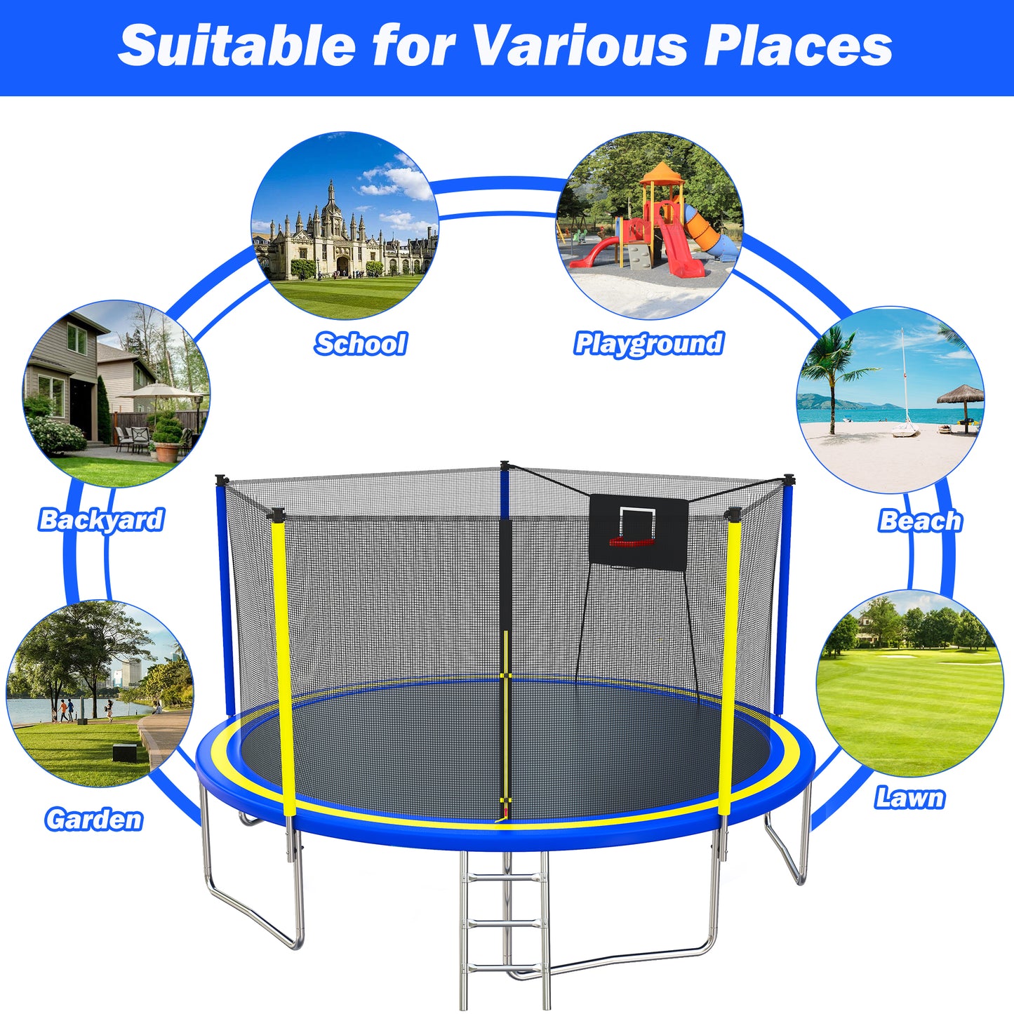 14FT Trampoline for Adults Kids, SEGMART Upgraded Round Recreational Trampoline with Basketball Hoop, Outdoor Heavy Duty Backyard Trampoline with Enclosure Net for Indoor Outdoor Backyard, Blue