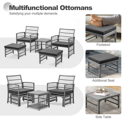 Outdoor Conversation Set of 5, Outdoor Patio Chair and Footstool Set with Cushions & 2-Tier Tea Table, All Weather Wicker Patio Furniture Set, Ideal for Patio Poolside Yard Deck Coffee Bar