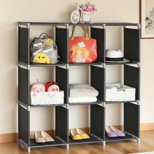 9-Cube Storage Organizer Shelf, 3-Tier Shoe Rack Bookshelf for Closet, Bedroom, Black DIY Cube Cabinet with Durable Steel Frame
