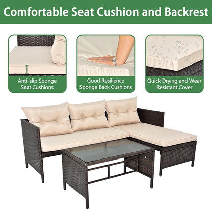 3 Pieces Patio Furniture Sectional Set, Outdoor Furniture Set with Two-Seater Sofa, Lounge Sofa, Table & Cushion, PE Rattan Wicker Bistro Set, Conversation Set for Garden, Backyard