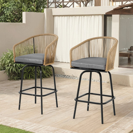 segmart Outdoor Bar Stools Set of 2, 2-Piece Patio Bar Stools with Armrests, All Weather Rattan Bar Chairs with Backrest, Wicker Bar Stools for Backyard, Garden, Pool, Balcony and Deck- Gray