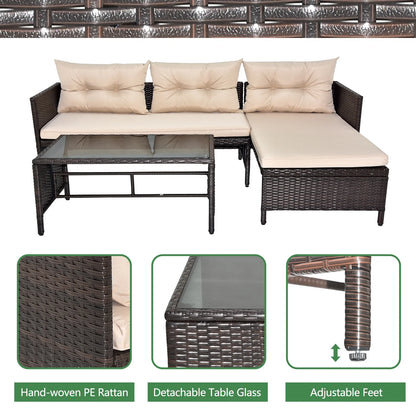 3 Pieces Patio Furniture Sectional Set, Outdoor Furniture Set with Two-Seater Sofa, Lounge Sofa, Table & Cushion, PE Rattan Wicker Bistro Set, Conversation Set for Garden, Backyard