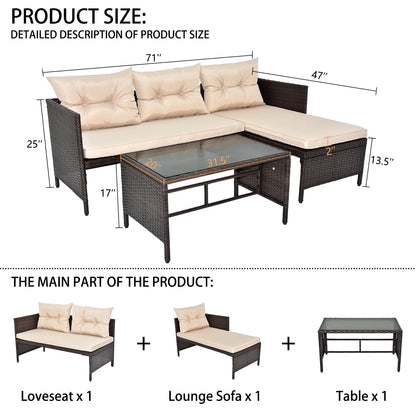 3 Pieces Patio Furniture Sectional Set, Outdoor Furniture Set with Two-Seater Sofa, Lounge Sofa, Table & Cushion, PE Rattan Wicker Bistro Set, Conversation Set for Garden, Backyard