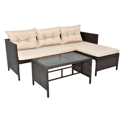 3 Pieces Patio Furniture Sectional Set, Outdoor Furniture Set with Two-Seater Sofa, Lounge Sofa, Table & Cushion, PE Rattan Wicker Bistro Set, Conversation Set for Garden, Backyard