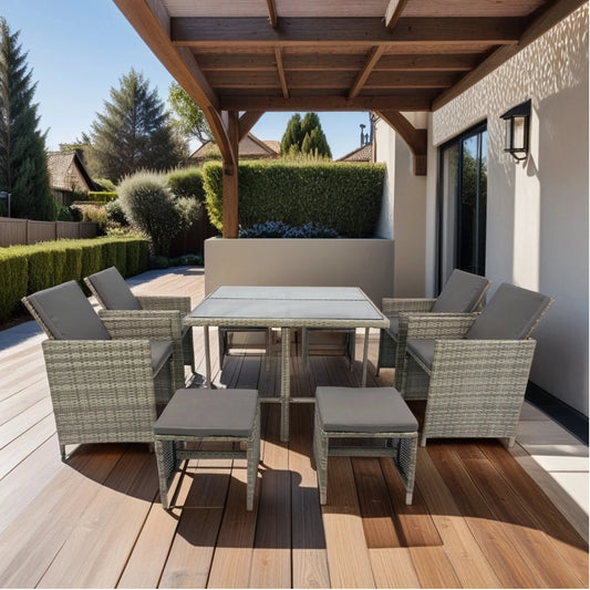 9 Piece Indoor Outdoor Wicker Dining Set Furniture, Patio Rattan Furniture Set with Glass Tabletop, Armrest Chairs and Stools, All-Weather Sectional Conversation Set with Cushions