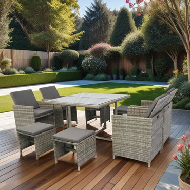 9 Piece Indoor Outdoor Wicker Dining Set Furniture, Patio Rattan Furniture Set with Glass Tabletop, Armrest Chairs and Stools, All-Weather Sectional Conversation Set with Cushions
