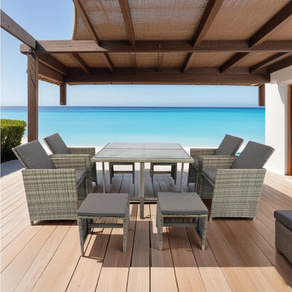 9 Piece Indoor Outdoor Wicker Dining Set Furniture, Patio Rattan Furniture Set with Glass Tabletop, Armrest Chairs and Stools, All-Weather Sectional Conversation Set with Cushions